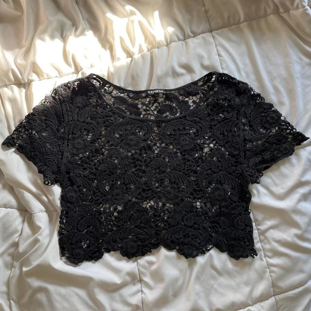 Express Black Crop Top Lace Crochet Floral Design